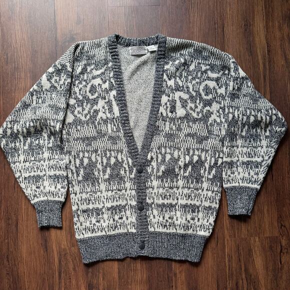 Method Sweaters - Vintage Cardigan Cozy Jacquard Knit Sweater Gray White Size Large Cabincore